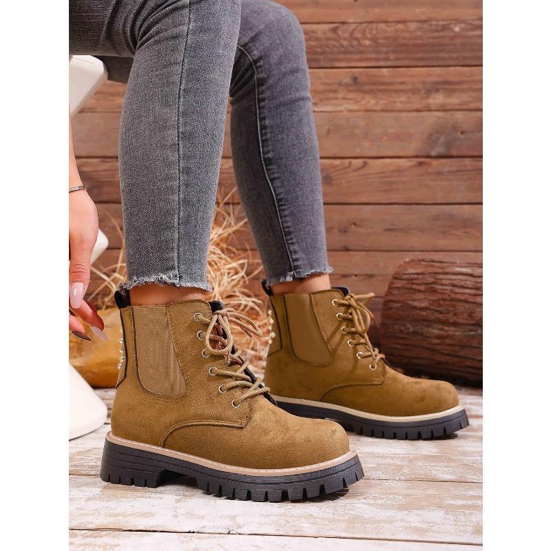 Round Toe Lace-up Muffin Suede Plus Size Booties 2025 Winter Thick Heel British Style Martin Boots for Women