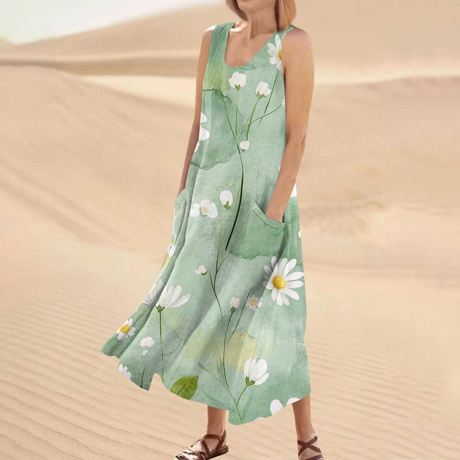 

Женское модное повседневное однотонное хлопковое льняное платье без рукавов с карманами L зелёный