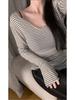 Women's Striped Off-the-Shoulder Slim Fit See-Through Long Sleeve T-Shirt for Autumn/Winter