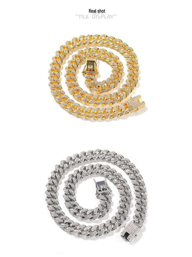 Gu Meng 12mm Men's Cuban Necklace - European & American Style, Hip Hop Design, Alloy with Inlaid Diamond, Versatile Street Jewelry.