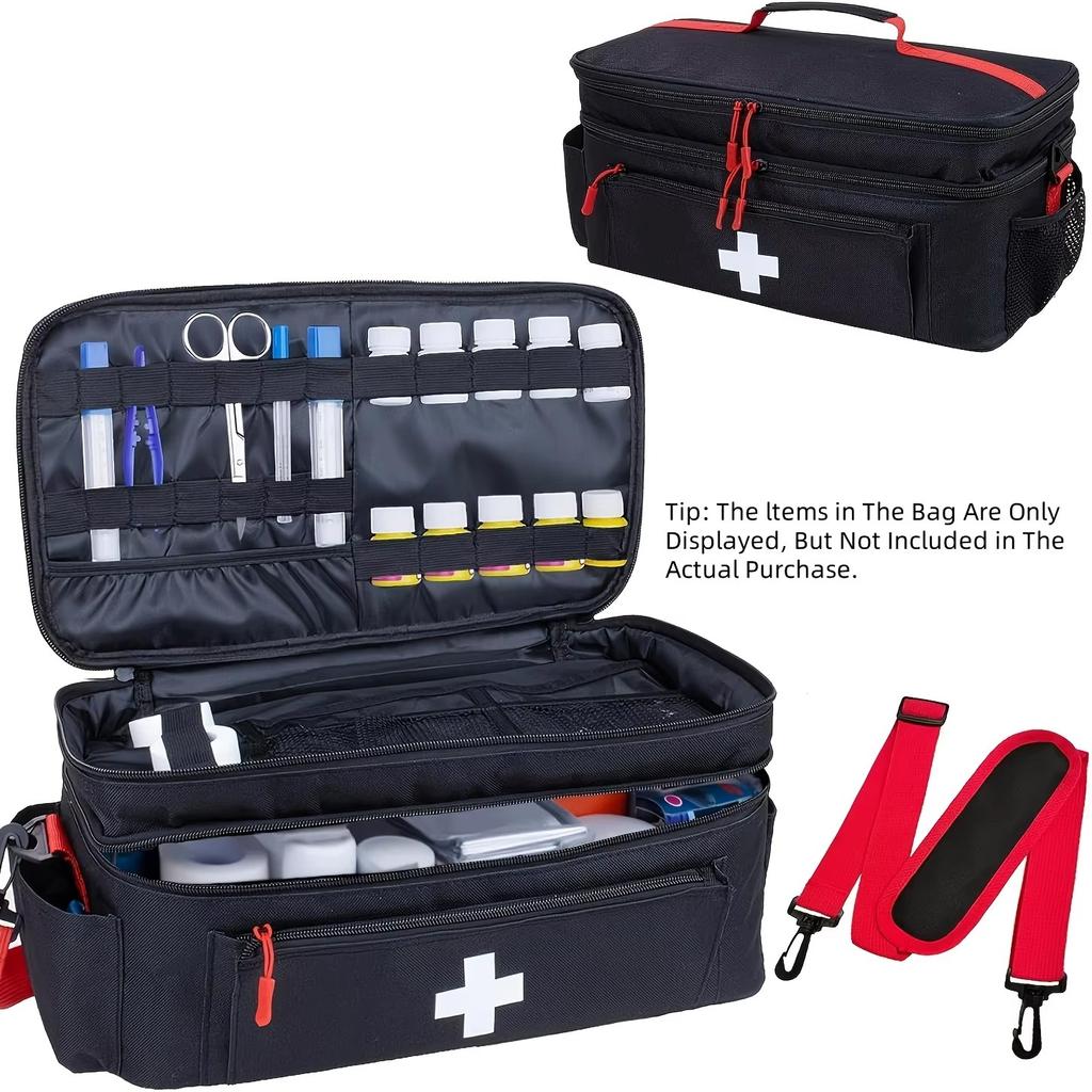 Travel-friendly dual-compartment first aid bag with large capacity, front organizer, and multiple carry styles