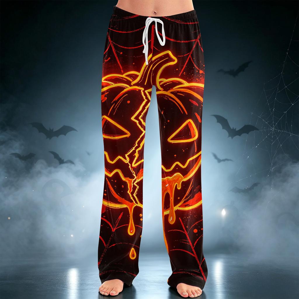 Women's Halloween Printed Drawstring Wide Leg Pants for Casual Sleepwear