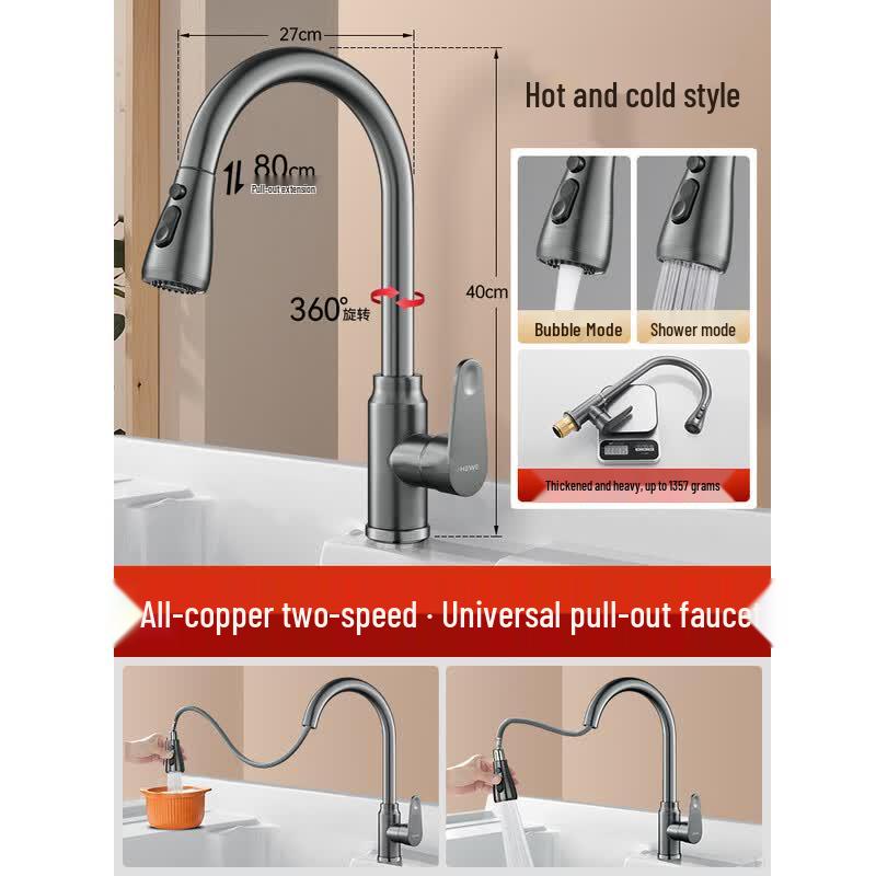 HANDUNYOU Gunmetal Grey All-Copper Kitchen Faucet with Swivel Pull-Out Spray