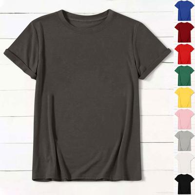 Ladies Casual Loose Solid Color T-Shirt Round Neck Pullover Short Sleeve Top