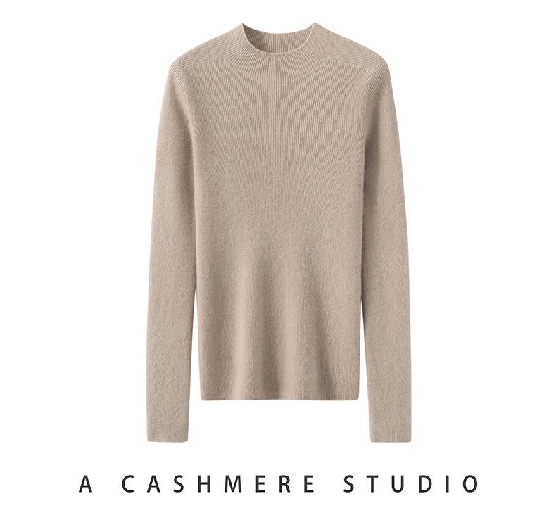 Women's Cashmere Seamless Knit Long Sleeve Sweater, Half-High Neck.