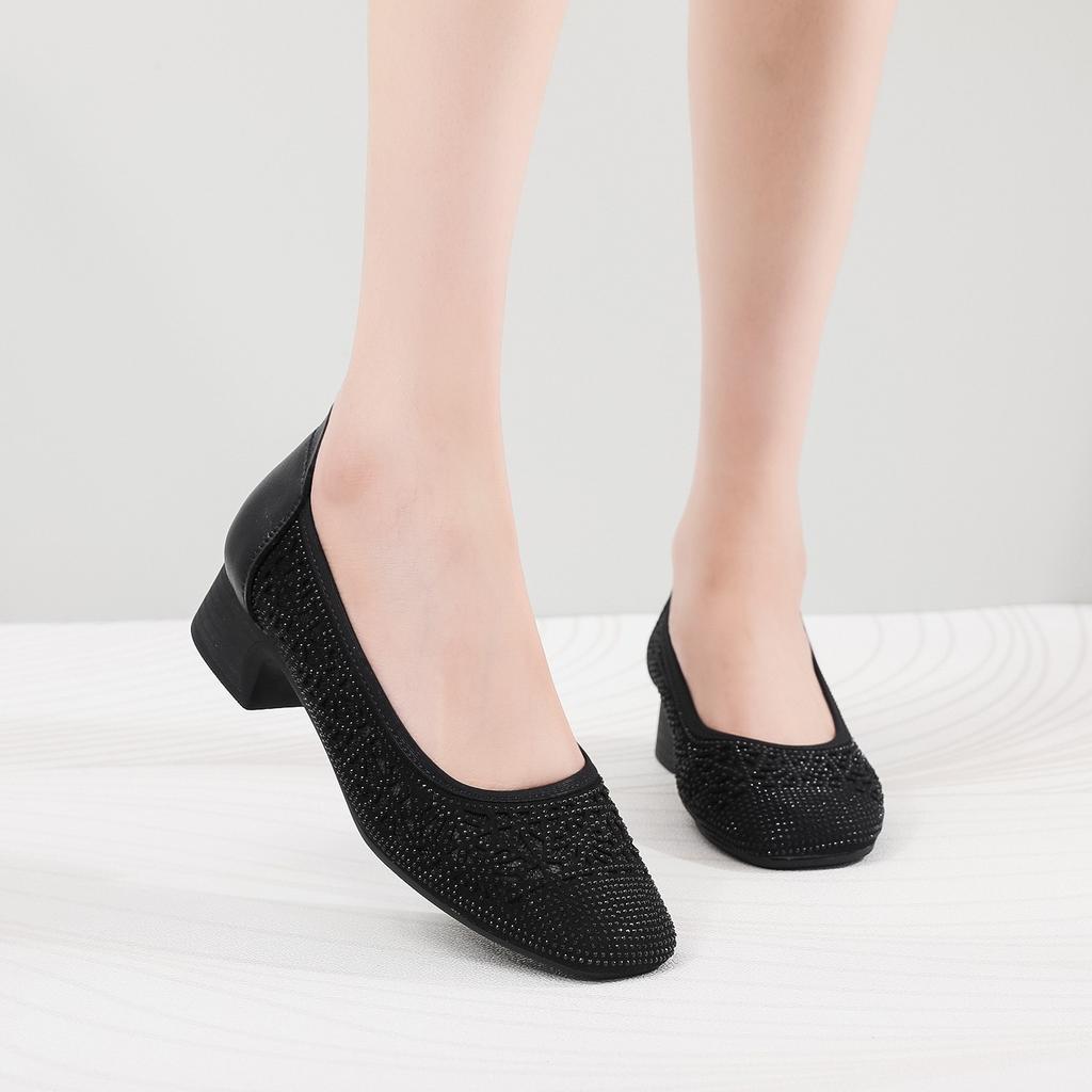 Summer leather fashion shallow mouth women's single shoes thick heel rhinestone gauze breathable small square head breathable mother shoes