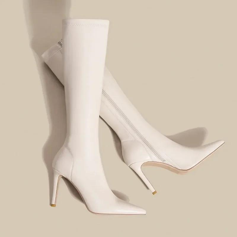 

Women Knee High Chelsea Boots Sexy High Heels Shoes Winter Fashion 2025 New Elegant Pointed Toe Goth High Booties Mujer Pumps 35 белый