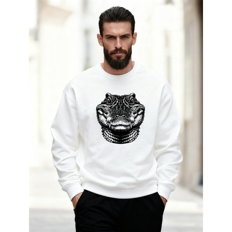 Men'S White Crocodile Head Pattern Casual Crew Neck Sweatshirt