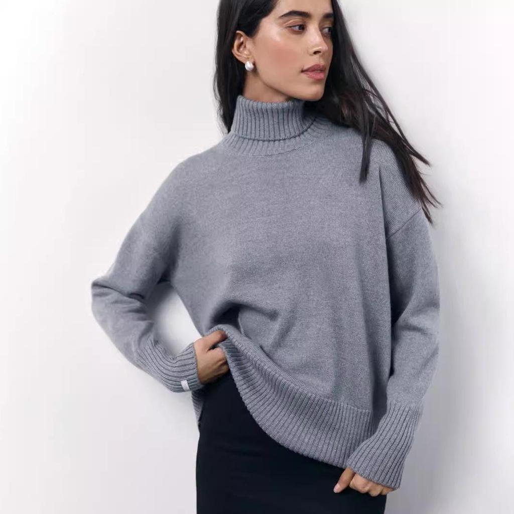 European & American Style Women's High Neck Sweater - Autumn/Winter Knitwear, Loose Fit & Cross Design