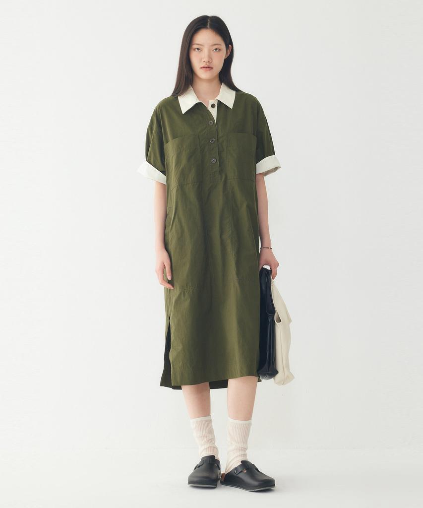 STUDIO TOMBOY Color Block Collared Short Sleeve Dress_Dark Khaki 9176241983