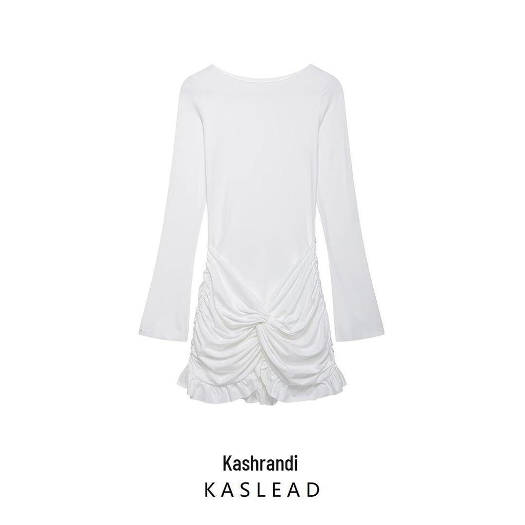 2025 Spring Women's European & American Solid Color Bodycon Mini Dress - Fashionable Round Neck, Long Sleeve, Casual Style