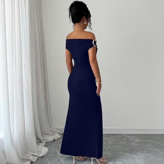 Off The Shoulder Maxi Dress for Women Ruched Fishtail Sexy Bodycon Long Dress with Metal Accent Wedding Guest Party Evening Gown
