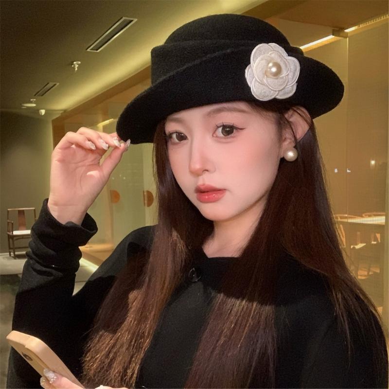 Stylish Fisherman Hat with Camellia Flower Accent Fashion Winter Accessory for Elegant Style Soft Cotton Fabric Hat