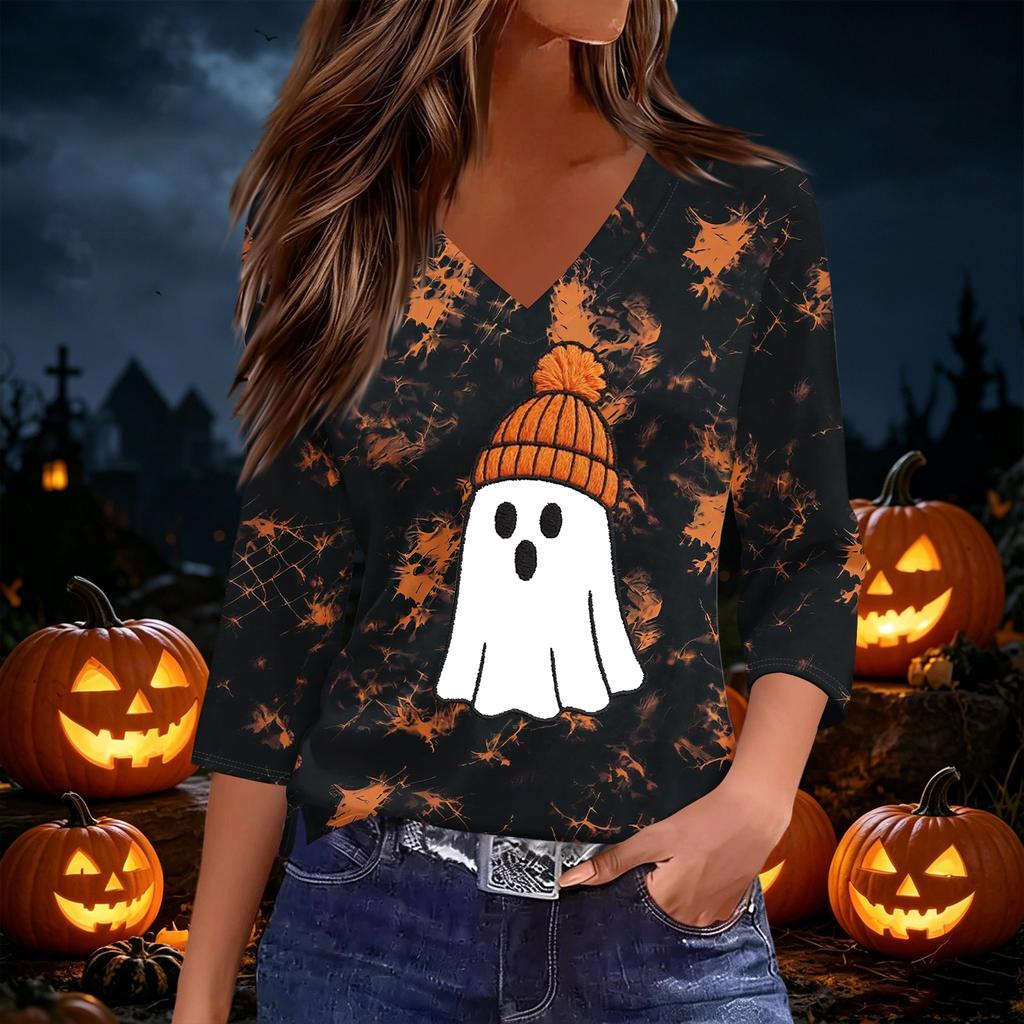 Women's Casual Halloween Print V-Neck Three-Quarter Sleeve Blouse for Festive Occasions