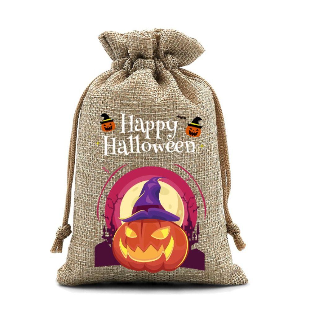 12Pcs Pumpkin Ghost Halloween Linen Drawstring Bags Handheld Portable Trick or Treat Candy Bag Creative Party Prop