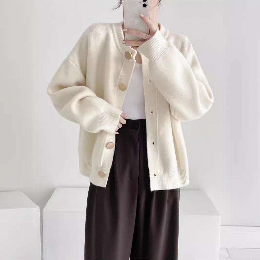 Women's Round Neck Single-Breasted Solid Color Knitted Cardigan - Autumn/Winter 2024 Korean Style