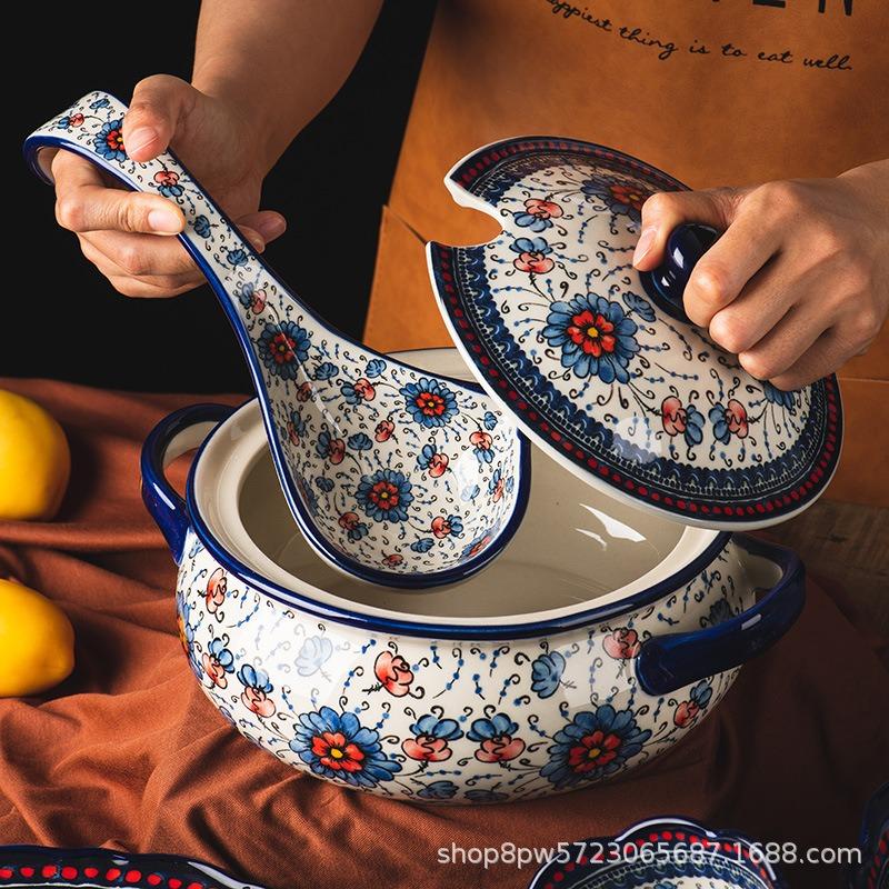 Posey Flower Hand Painted Underglaze Color Household Ceramic Dish Set Noodle Soup Large Bowl Spoon