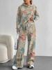 European, American Autumn and Winter Blue Flower Casual Long-sleeved Suit Women's Hooded Sweater Trousers Two-piece Set