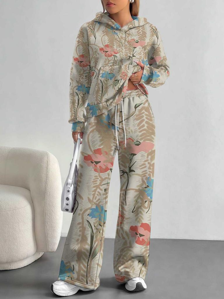European, American Autumn and Winter Blue Flower Casual Long-sleeved Suit Women's Hooded Sweater Trousers Two-piece Set