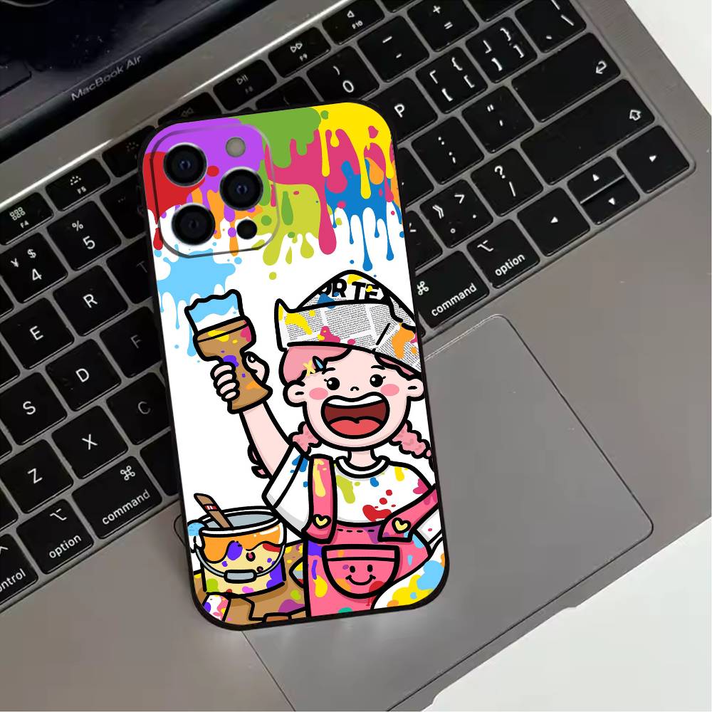 Cute Cartoon Couple Phone Case For iPhone 17,16,15,14,13,12,11 Plus,Pro Max,XS,Soft Silicone Black Cover