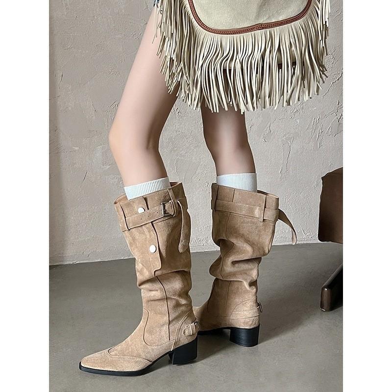 

2025 новые ботфорты-чулки с широким голенищем плиссе в стиле Spice Girls, ретро-ковбойские сапоги, сапоги на толстом каблуке, женские сапоги 39