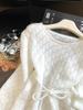 Women's French Lace Patchwork Hollow Knit Pullover – Soft, Fluffy, Waist-Cinched, Stylish Long Sleeve for Early Autumn