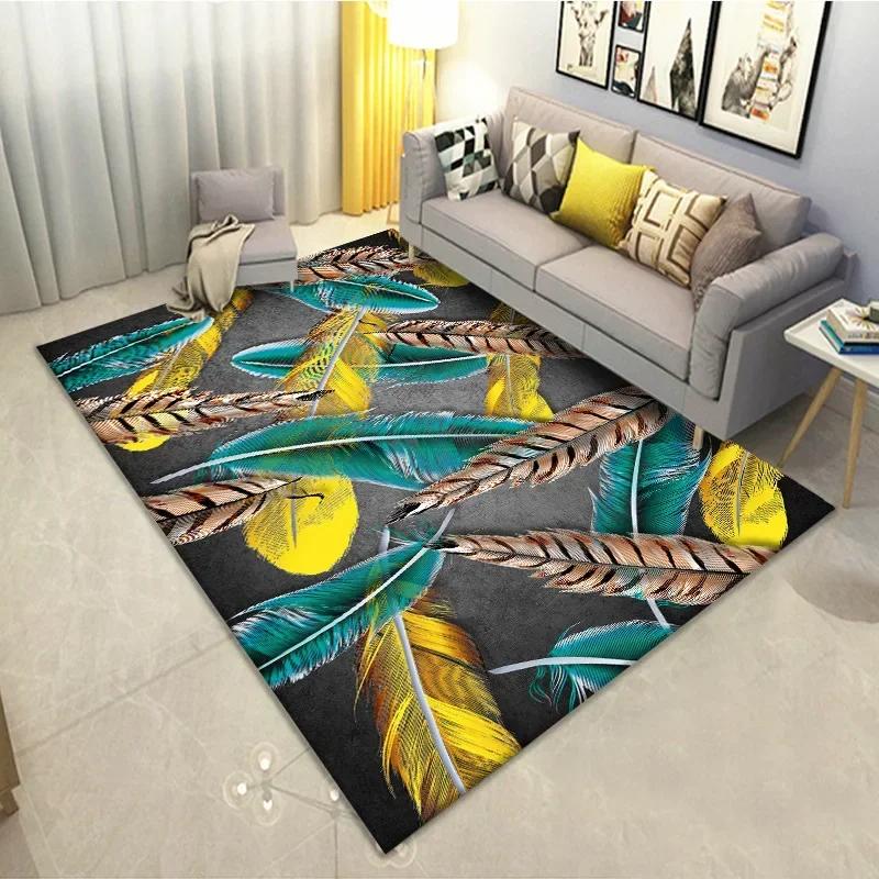 Feather Print Crystal Velvet Home Carpets for Living Room Decor Quality Wrapping Edge Rugs for Bedroom Dirt Tolerance Floor Mat