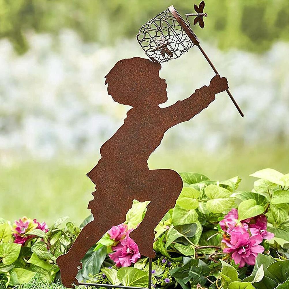 Children Silhouettes Chasing Metal Vintage Garden Silhouette Sculpture Yard Garden Metal Stake Decor
