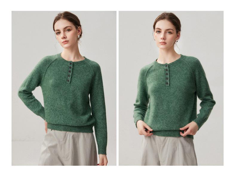 2026 Autumn/Winter Women's Cashmere Heather Knit Sweater - Round Neck, Buttoned, Loose Fit, Warm Base Layer