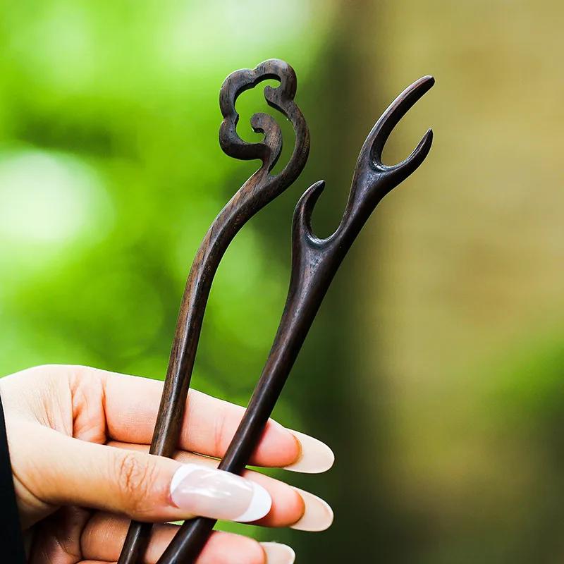 Retro Ebony Hairpin Chinese Antique Style Carved Hairpin Simple Temperament Qipao Hanfu Dished Hair Accessories for Women