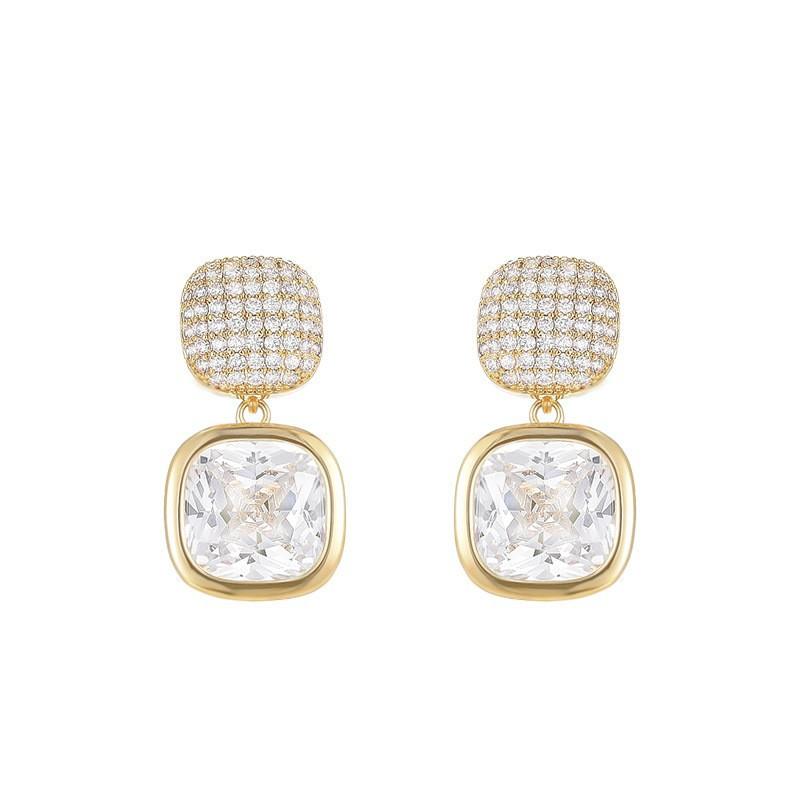 Elegant and Exquisite Female Versatile Geometric Stud Earrings Niche Fashion Diamond-encrusted Zircon Sugar Cube Earrings