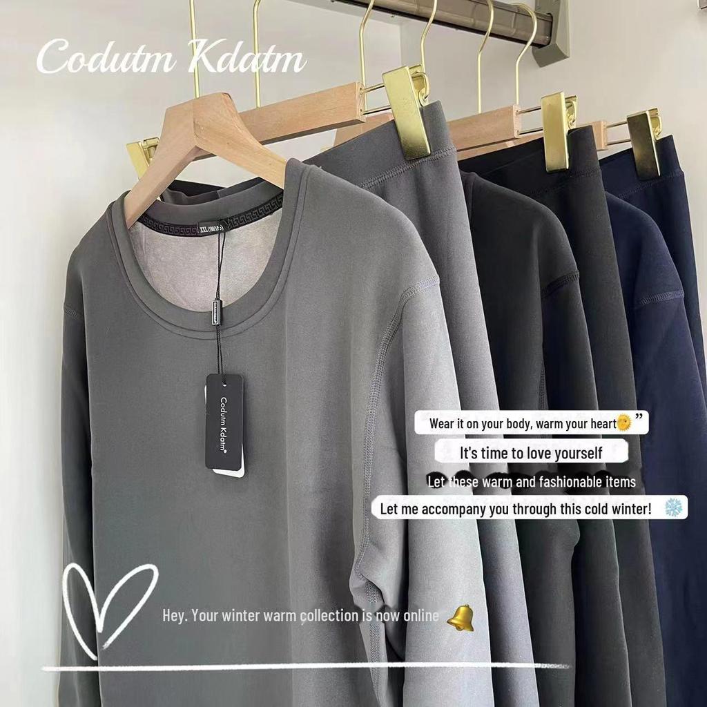 Volcanic Rock Winter Thermal Suit: Thick, Solid Color Round Neck Underwear for Men & Women - Autumn/Winter