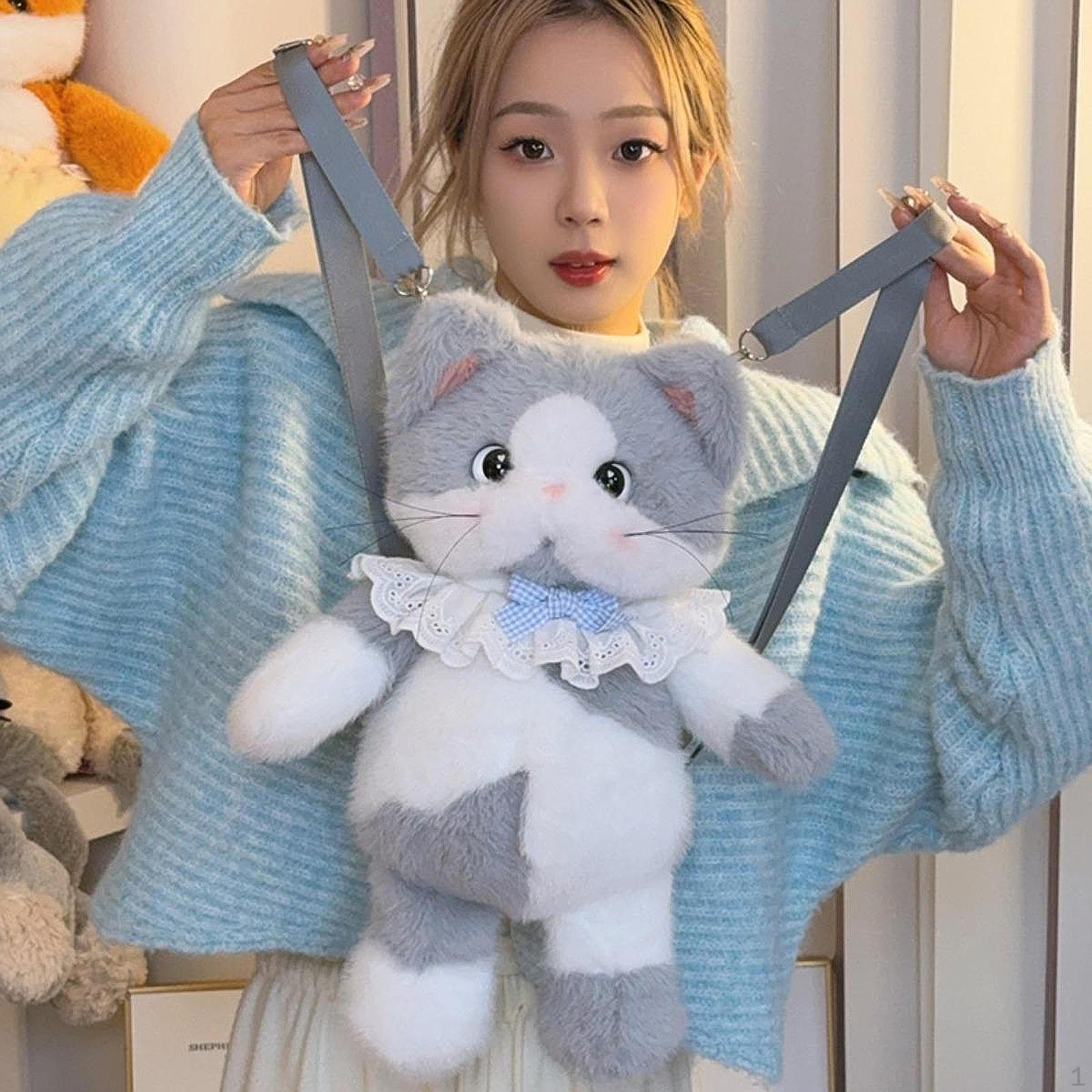 

Милый кот набитый рюкзак, дорожный рюкзак реалистичная игрушка милый рюкзак животное для White Gray