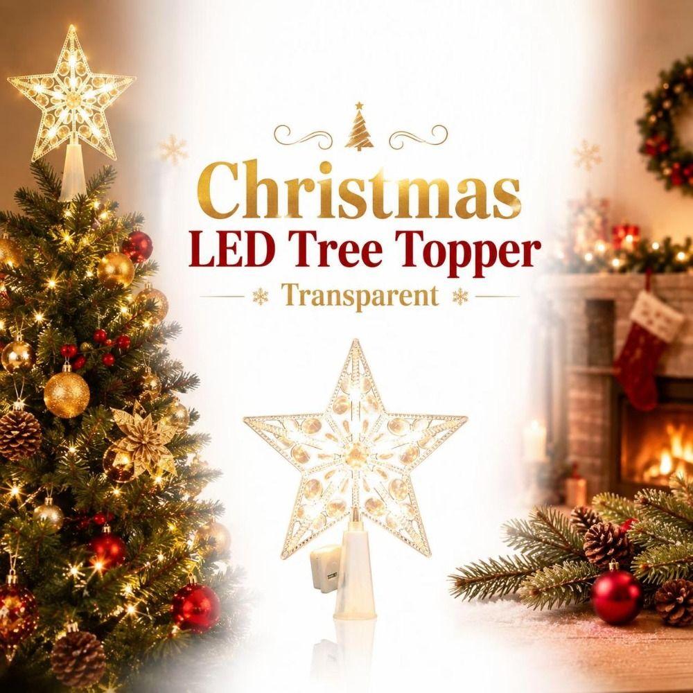 Warmweißer LED-Sternen-Topper Transparenter beleuchteter Baumstern Fünfzackiger Stern-Topper Feiertags-Raumdekoration
