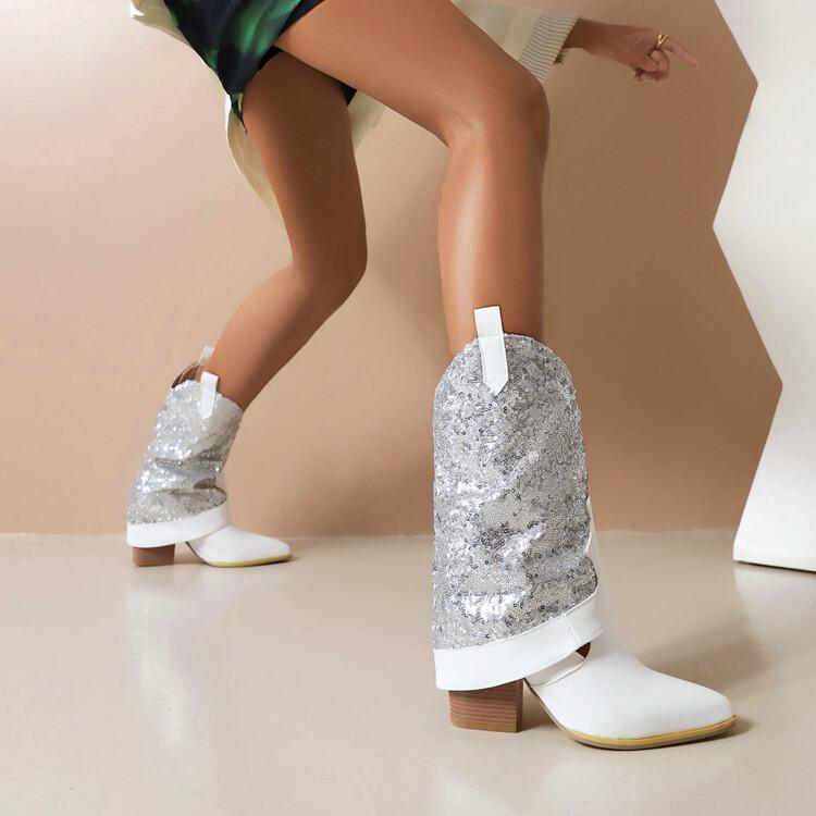 Sequin Cloth Western Boots Women Glitter Silver Gold Chunky High Heels Mid-calf Cowboy Boots Cowgirl Shoes