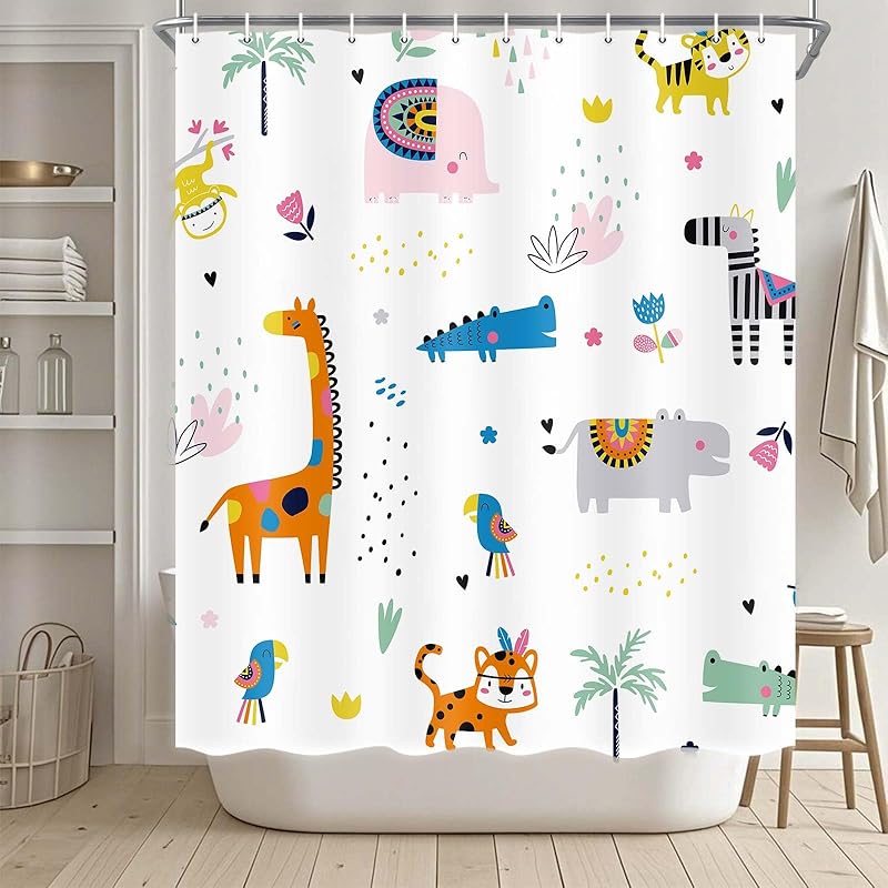 

Animal Shower Curtain for Kids, Boho Tropical Animals Shower Curtain Nursery Giraffe Crocodile Hippo Zebra Monkey Cartoon Shower Curtains, Waterproof 36 W x 72 L (Pack of 1) білий