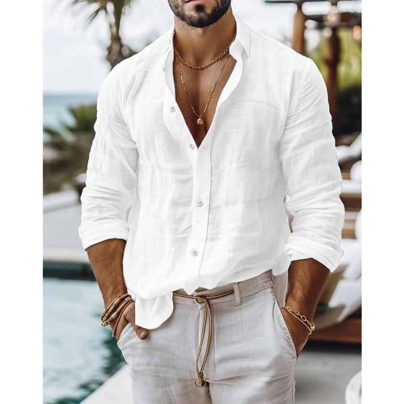 

Мужская однотонная рубашка из хлопка и льна, повседневный стиль, длинный рукав, деловая повседневная рубашка S белый