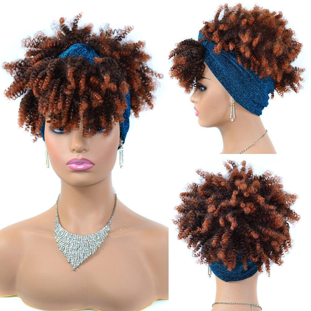 Short Kinky Curly Headband Wig Ombre Afro Curly Wig with Head Band Synthetic Scarf Wigs for Women Cosplay Hair High Temperature