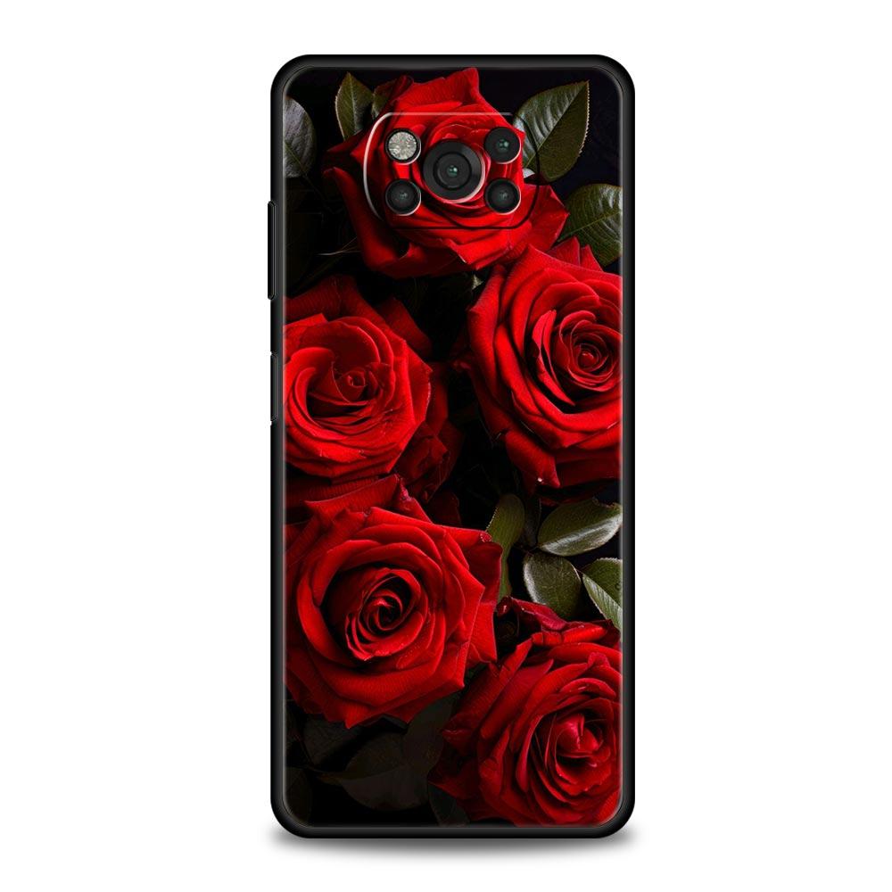 Phone Case For Xiaomi Poco X6 X5 X4 Pro 5G X3 NFC F5 F4 M5 M4 M3 F3 GT C51 C50 C55 Soft Black Cover Beautiful Red Rose Flowers