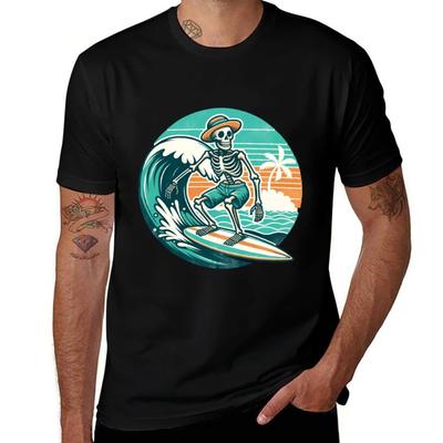 Ride The Waves Of Eternity Vintage Surf Skeleton Tshirt Summer Holiday Casual Tee