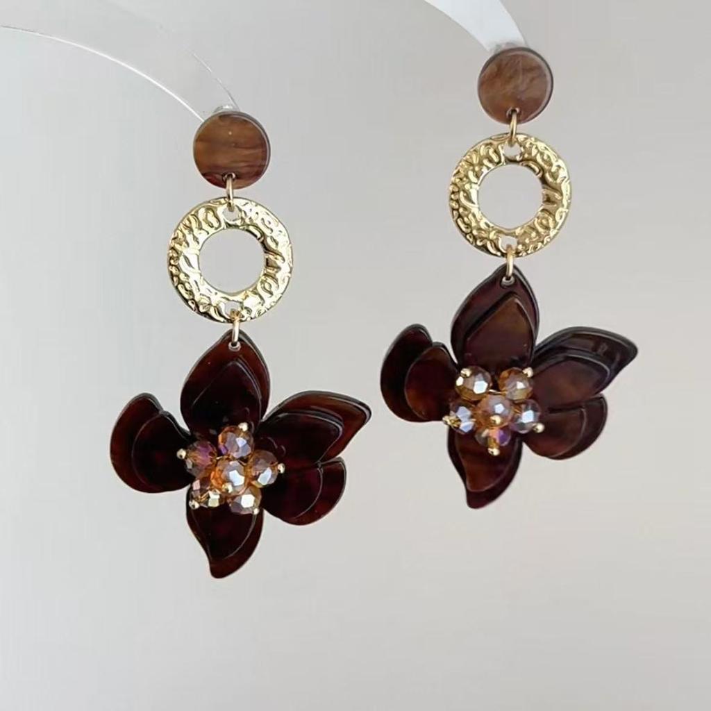 Vintage Ethnic Silver Needle Diamond Inlaid Round Flower Acrylic Resin Stud Earrings for Women