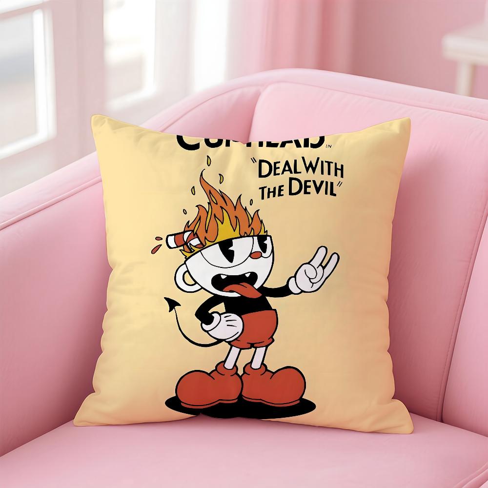 Classic Game Cuphead Cute Pillow Case Anti-Dustmite Pillowcase Invisible Zipper Silky Short Plush Sofa Cushion Cover