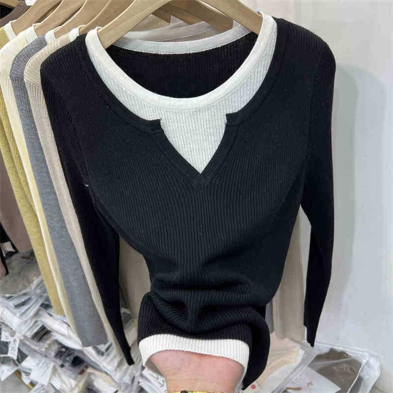 Fake Two-piece Neck Knitted Bottoming Shirt Women's Spring New Contrasting Color Soft Waxy Inner Top Sweater