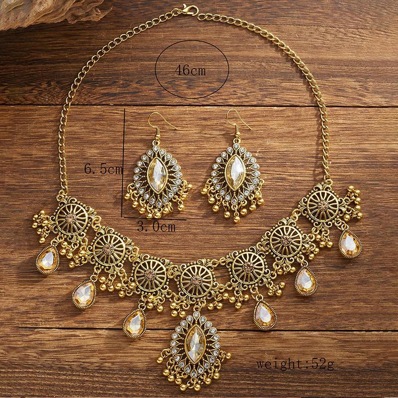 Ethnic Vintage Crystal Stone Jewelry Sets Hollow Water Drop Pendant Necklace Earrings for Women Gift