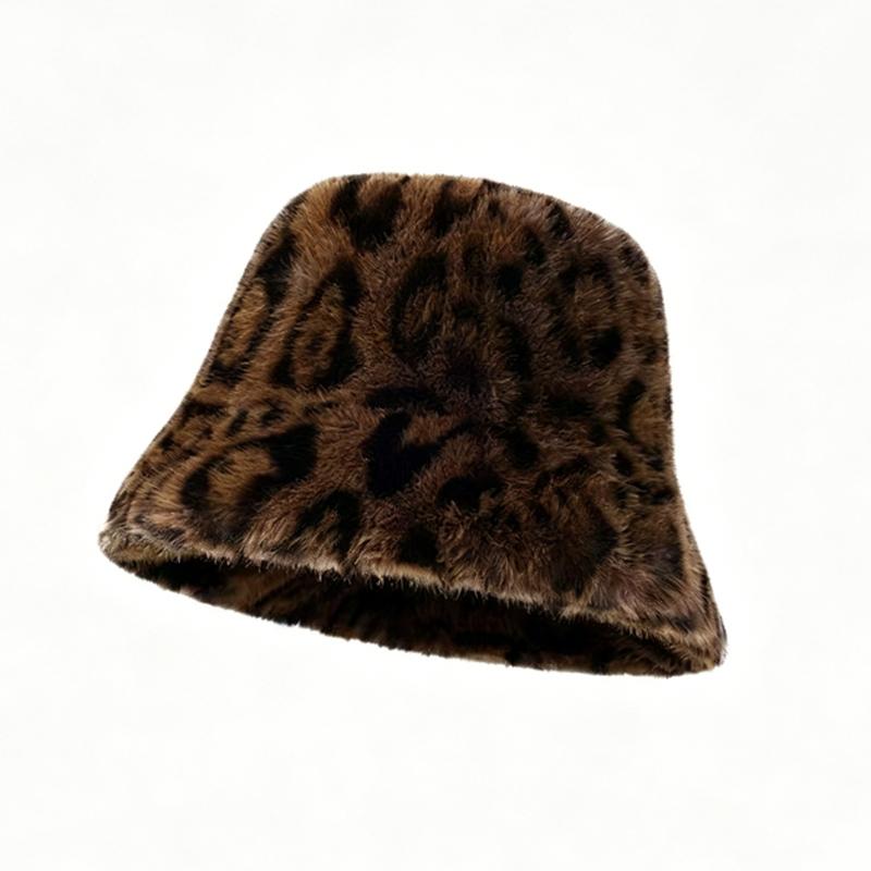 Zeyu New Fashion Leopard Print Cashmere Bucket Hat Women Winter Thick Warm Plush Fisherman Cap Casual Outdoor Party Travel Daily