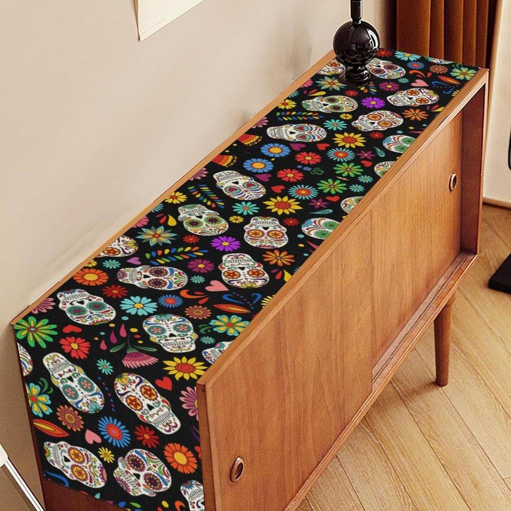 Mexican Day of The Dead Skull Floral Linen Table Runner Tabletop Decor Reusable Kitchen Dining Table Runner Holiday Party Decor
