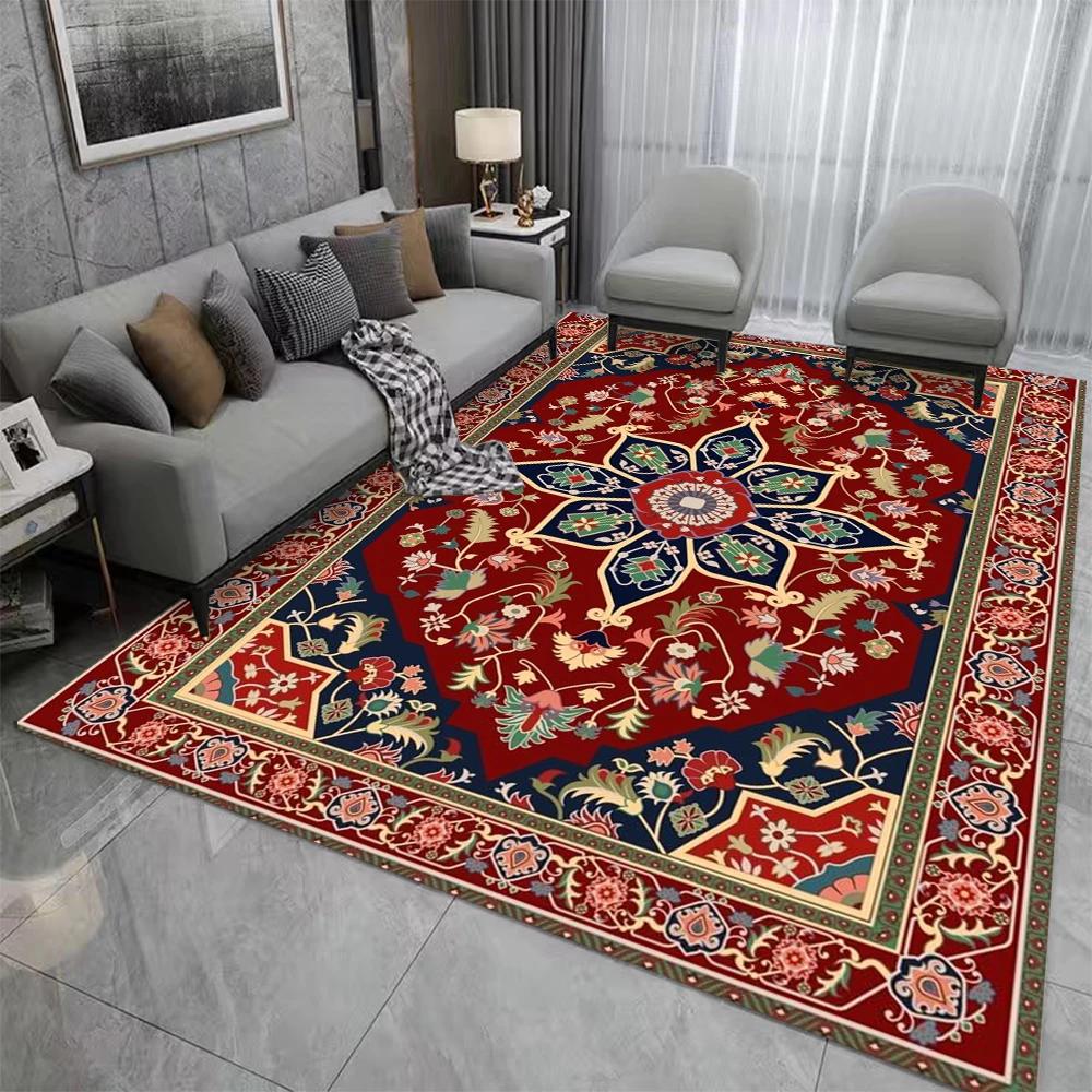 Tapis Style Rétro Bohème Perse Fleurs Salon Chambre Balcon Canapé Table Tapis de Porte Antidérapant Lavable en Machine Tapis de Maison Décor