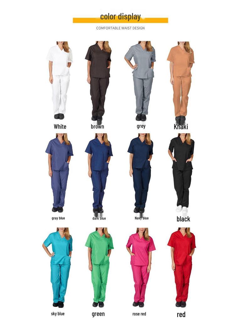 European and American Style Solid Color V-Neck Nursing Uniform Set for Women - Protective Two-Piece with Pockets
