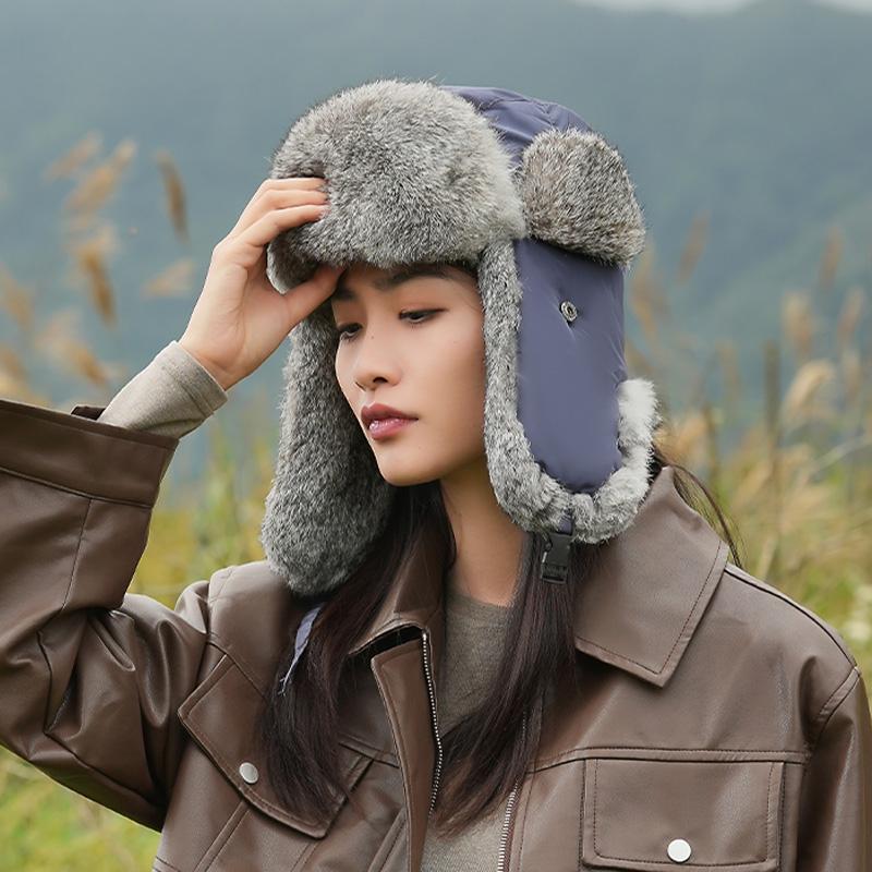 Hat Women's Winter New Rabbit Fur Warm Thickened Ear Protection Outdoor Riding Windproof and Coldproof Lei Feng Hat