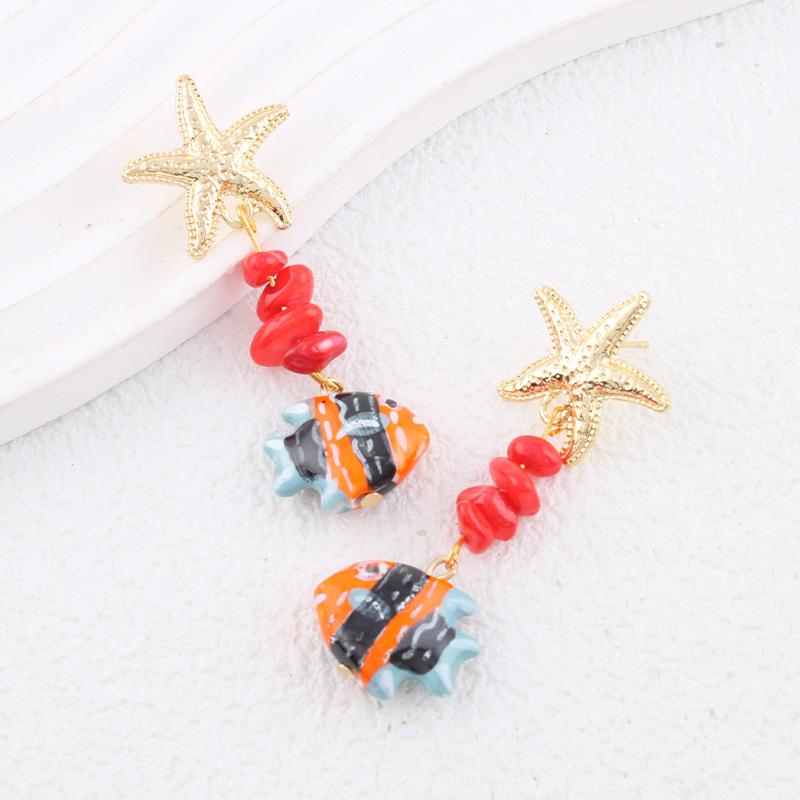 Exaggerated color tropical fish starfish seaside earrings ocean small fish natural vacation wind earrings